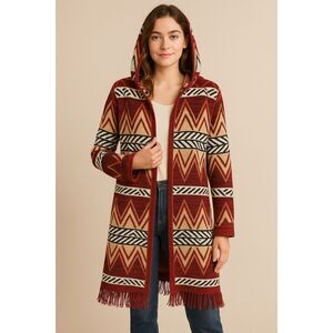 Open front hooded sweater cardigan fringe hem south western Sz Medium M